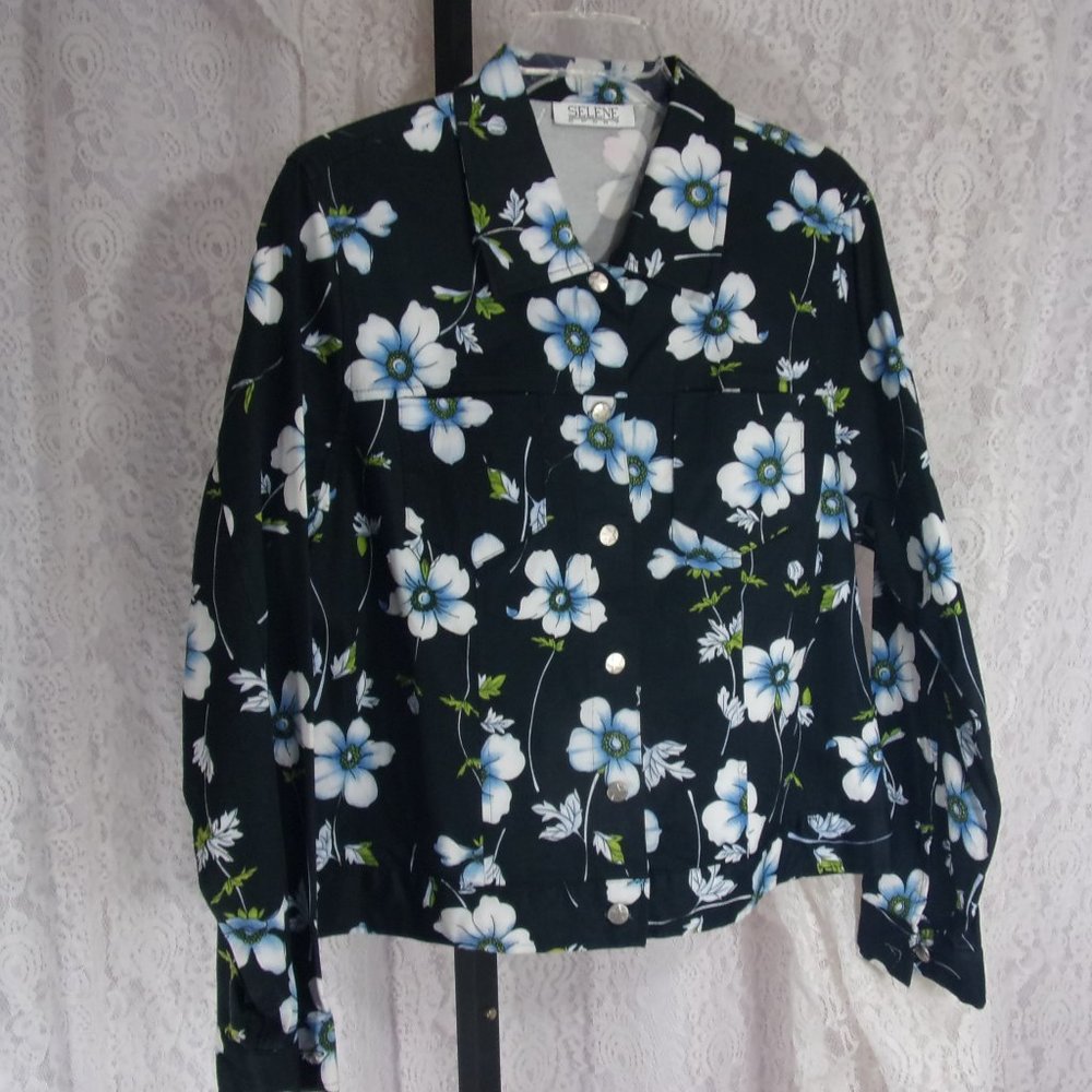 Jean Jacket Black Blue White Floral Design